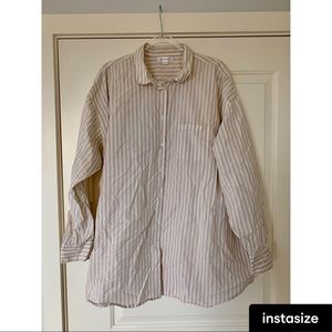 Summersalt “Perfect Boyfriend Shirt” in beige pinstripes